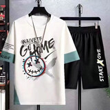 畅登短袖t恤男装夏季薄款休闲套装男潮流学生青少年一套衣服搭配短裤 白色【W01】上衣+黑短裤 XL