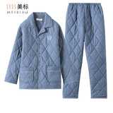 美标新款三层加厚夹棉纯棉睡衣套装男秋冬保暖可外穿全棉软棉棉家居服 灰蓝（三层加厚夹棉） M (165)