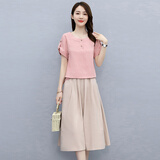 桂雪格夏季短袖连衣裙女装2024新款韩版宽松时尚气质中长款套装显瘦裙子 粉色+半身裙 M （85-105斤）