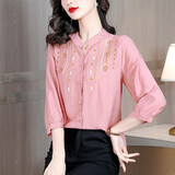 法萝迪（FA LUO DI）衬衫女长袖春秋季新款棉麻女装大尺码宽松遮肚子刺绣女士衬衣 粉红色 M