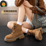 ZHR女靴冬款大黄马丁靴女英伦风反绒牛皮短靴加绒保暖内增高工装靴子 棕色（AH369M-单里） 35