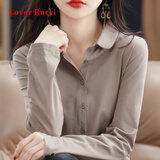 LOVER RUCCI法国长袖t恤女丝光棉2025秋冬新款Polo领上衣纯棉长袖开衫女 棕咖色 L