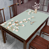 川辰 高档新中式餐桌垫软玻璃防水防烫厚实木红木茶几垫桌垫布奢华家 玉兰飞鸟蓝 80*120cm
