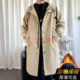 洛夫伦春季新款大衣风衣男中长款大码宽松休闲潮流男装过膝大衣连帽外套 卡其色加厚加棉 2XL （适合160-175斤）