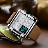 飞克（FEIKE）品牌多功能男士方形大表盘手表男石英表防水运动新年生日礼物男生 银壳白面棕带