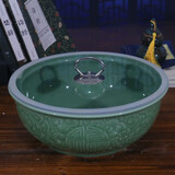 赣景 景德镇陶瓷和面盆家用带盖加厚加高釉下彩不沾揉面发面盆大号碗 绿釉福字直径30cm高12cm 带玻璃盖