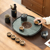 陶尚吟陶瓷天然石材茶台储排水两用式现代简约家用办公小茶盘功夫茶具 锦绣小套组+木纹莲花