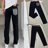 益帛牛仔裤男秋冬新款加绒美式字母印花弹力修身休闲直筒小脚长裤子男 黑色 31 【建议105-115斤】