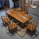 实木大板茶桌椅客厅原木整板新中式办公室功夫茶台茶桌一体一整套 工字脚-平面款[原木整板] 1.6米桌+1围椅+4月牙椅+茶水柜