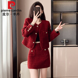 皮尔卡丹（pierre cardin）小香风时尚红色套装女2025秋冬装新款名媛短款外套气质半裙显瘦 酒红色 L