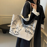 盛喜鸟休闲情人节帆布托特包包女2025新款时尚外出手提购物袋通勤单肩包 米白色