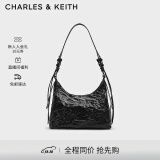 CHARLES&KEITH褶皱油蜡皮手提单肩腋下包女生日礼物CK2-40271360 Noir黑色 M