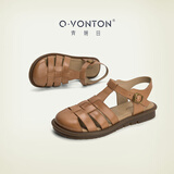 青婉田出游真皮包头罗马凉鞋女新款秋季软底复古镂空单鞋厚底凉鞋 咖啡色 36