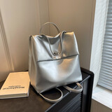 盛菲曼质感背包女士双肩包女新款时尚纯色书包女生大学生短途旅游包 银色