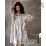 妮狄娅睡衣睡裙女夏季短袖纯棉条纹v领宽松可外穿家居服 QF20209白色 XL