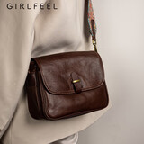 歌菲妮（girlfeel）包包女2024新款潮通勤真皮复古小方包斜挎包植鞣牛皮邮差包 咖啡色