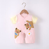 缤丽猫 婴儿连体衣夏季宝宝新生儿衣服纯棉短袖哈衣爬服空调服薄款夏装 短袖连体衣-小熊粉色 80cm