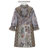 LULUALWAYS秋季新款复古拼接雪纺绣花网纱提花连衣裙 咖啡色 S