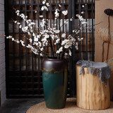 御三泥陶瓷花瓶客厅插花摆件现代简约复古干花欧式落地大景德镇瓷器花盆 棕绿落地【小号】50CM