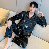 回访人春秋季冰丝睡衣男士长袖夏季宽松时尚开衫家居服套装加大码 K711#B字母 XL 125-145斤