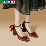 卡帝乐鳄鱼 CARTELO 法式婚鞋女士高跟鞋粗跟单鞋 KCC-888-100 红色 35 