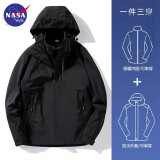 NASA BASE潮牌山系冲锋衣男女同款户外三合一可拆卸防风防水登山夹克外套 6266-黑色（三合一冲锋衣） XL（推荐体重120-140斤）