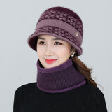 浩冠 帽子女中老年加绒保暖老年人奶奶兔毛老人帽秋冬季送妈妈的生日礼物毛线帽围巾套装 深紫（只有帽子） 均码