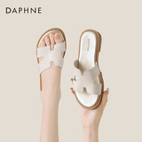 达芙妮拖鞋女牛皮一字带居家沙滩鞋舒适软底女鞋子4024303084 米色 36