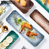 TENGTOO 点心盘小吃盘秋刀鱼陶瓷烧烤寿司盘子长方形长条盘西餐盘日式 渐变石纹款大号(灰蓝色) 11.5英寸