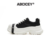 ABCICEY【明星同款】休闲帆布鞋女秋冬厚底增高6.5cm绑带鞋百搭运动鞋 黑白 35