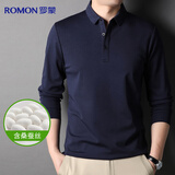 罗蒙含桑蚕丝长袖T恤男士POLO上衣冰丝弹力体恤衫打底衫男装 藏青 XL 