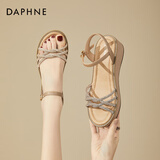 达芙妮波西米亚坡跟凉鞋女夏季新款仙女风女鞋软底一字带舒适平底沙滩鞋 杏色 37