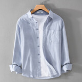 歌世爵日系条纹刺绣长袖衬衫男士春秋季休闲复古青年文艺宽松棉质衬衫 9870浅蓝色 XL