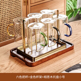 格娜斯（CRISTALGLASS）耐热玻璃水杯家用套装客厅待客茶杯带把手柄家庭喝水杯子杯架 六色把杯+金色杯架+相思小盘