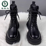 啄木鸟真皮厚底马丁靴女2025新款春夏季时尚潮流英伦风短靴秋冬加绒单靴 黑色*加绒 37