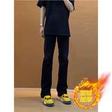 7家优品 黑色弯刀微喇牛仔裤男士秋冬季款美式高街修身直筒加绒长裤子男 HC-52003黑色加绒 S (70-90斤)