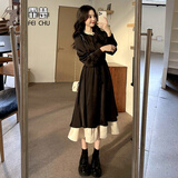 霏楚2021年新款秋冬法式收腰裙子显瘦气质中长款假两件赫本风连衣裙 黑色 3XL