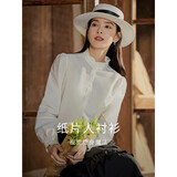 茵曼法式木耳边提花女装立领衬衫t恤洋气显瘦泡泡袖衬衣上衣 米白色 L