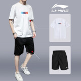 李宁（LI-NING）【套装】运动套装男T恤短裤夏季男士衣服休闲跑步服健身服篮球服 透气棉【彩色短袖+拉链短裤】 XL