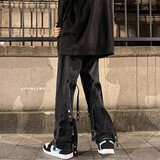 凡迪时尚牛仔裤男欧美高街裤子小众设计感绑带秋季美式复古宽松直筒裤 黑色 S
