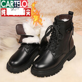 卡帝乐鳄鱼（CARTELO）马丁靴女鞋冬加绒加厚底短靴真皮棉鞋羊毛靴子棉靴皮毛一体棉 黑色【头层牛皮+加厚纯羊毛到脚尖】 35