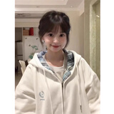 LDBE美式格子连帽开衫卫衣女新款宽松小个子加绒加厚秋冬季拉链外套潮 白色【春秋薄款】 L