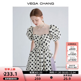 VEGA CHANG泡泡袖连衣裙女2024年夏季方领法式小众设计感圆点印花优雅长裙子 波点印花 M