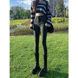 MELROSEMOOD黑色高腰牛仔裤女加绒小脚裤2025女装秋冬新款弹力显瘦紧身九分裤 灰色（薄绒）长裤 28