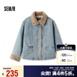 森马（Semir）牛仔棉服女拼接毛领美式复古2024冬宽松毛边夹克街头109724108017