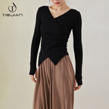 铁箭（TIEJIAN）舞蹈服成人现代中国古典舞练功服女夏V领修身收腰长短袖形体上衣 黑色 XL