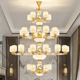 嫒左全铜吊灯别墅新中式复式楼挑空客厅楼中楼中空大厅天然玉石长灯具 A款35头+全光谱三色光源