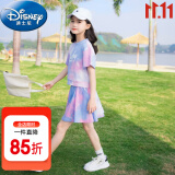 迪士尼（Disney）童装女童套装夏季2024新款中大童女孩夏装扎染纯棉短袖T恤半身裙 粉色（带安全裤） 140建议身高130-140cm年龄9-10岁