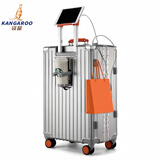 袋鼠（KANGAROO）铝框行李箱加厚复古皮手提拉杆箱商务结实耐用可坐人硬壳密码箱包 卡扣尊贵银【杯架+usb+支架】 24英寸 【短途行】双封闭干湿分离