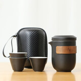 豪祥 轻奢陶瓷旅行茶具套装便携式收纳包车载户外功夫茶杯壶冲泡茶器 文韵一壶三杯（磨砂黑）航空包